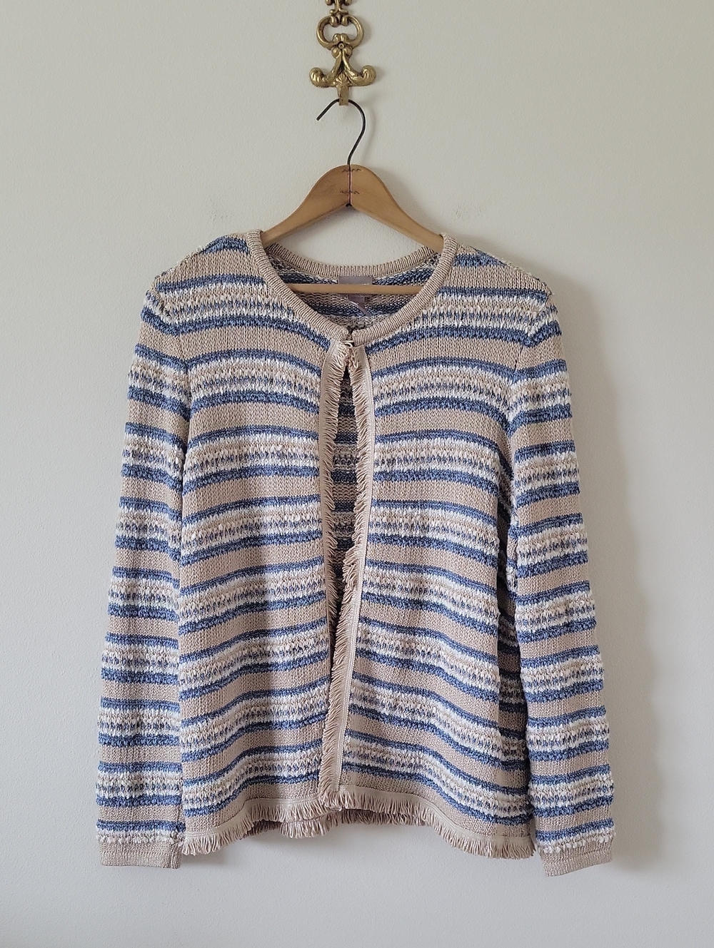 Chico's Textured Fringe Striped Cardigan Blue Tan Size XL